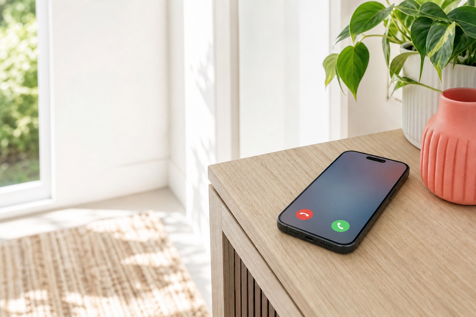 A smartphone receiving an incoming call on a bright table
